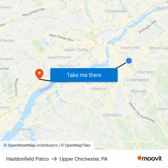 Haddonfield Patco to Upper Chichester, PA map
