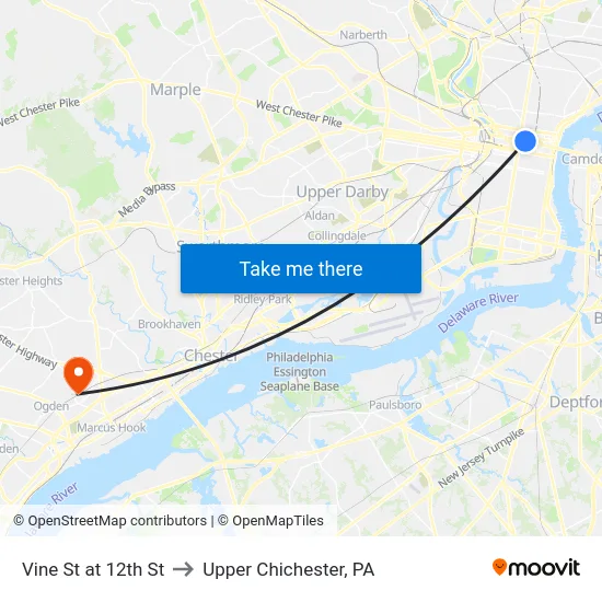 Vine St at 12th St to Upper Chichester, PA map