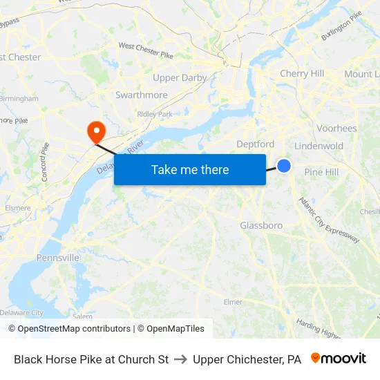 Black Horse Pike at Church St to Upper Chichester, PA map