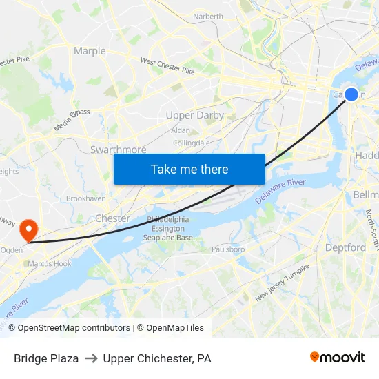 Bridge Plaza to Upper Chichester, PA map
