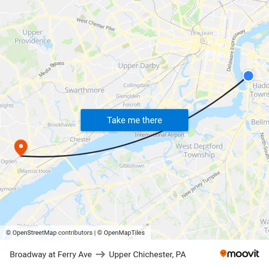 Broadway at Ferry Ave to Upper Chichester, PA map