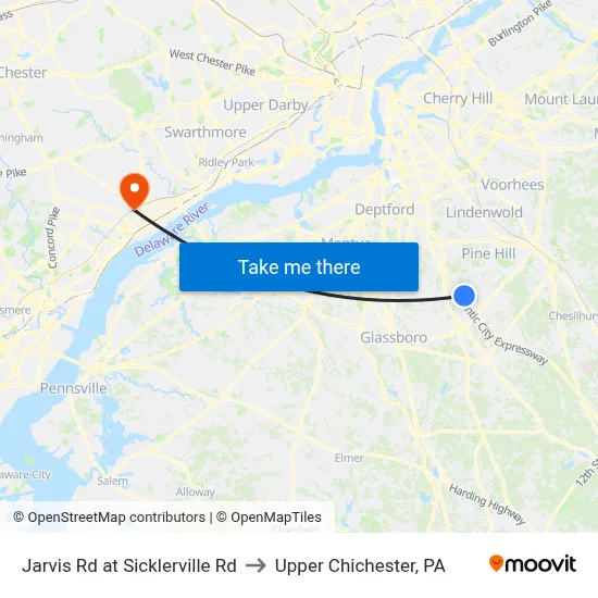 Jarvis Rd at Sicklerville Rd to Upper Chichester, PA map