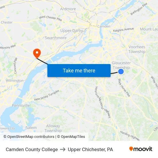 Camden County College to Upper Chichester, PA map