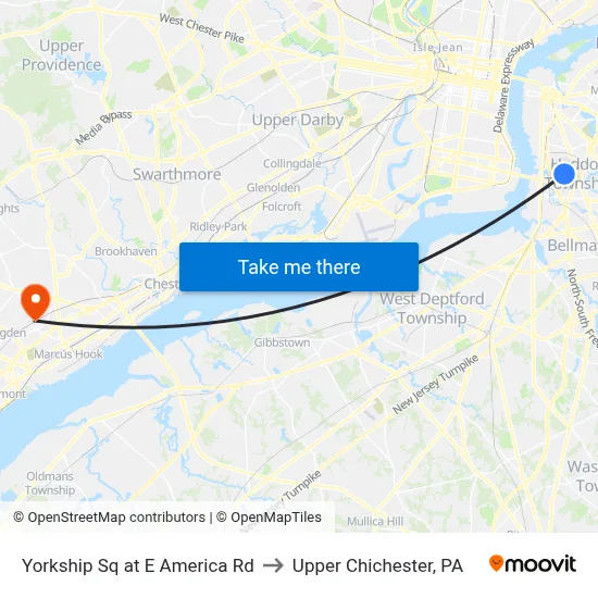 Yorkship Sq at E America Rd to Upper Chichester, PA map