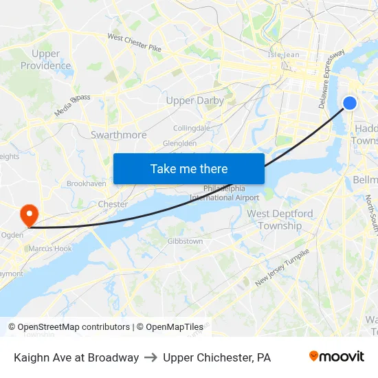 Kaighn Ave at Broadway to Upper Chichester, PA map