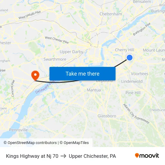 Kings Highway at Nj 70 to Upper Chichester, PA map