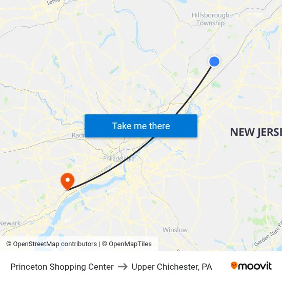 Princeton Shopping Center to Upper Chichester, PA map