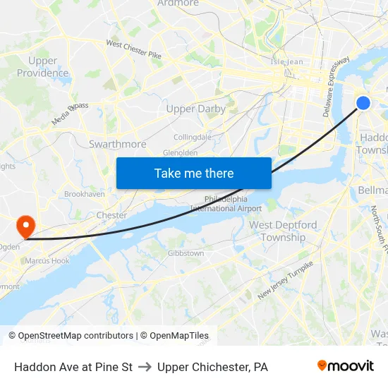 Haddon Ave at Pine St to Upper Chichester, PA map