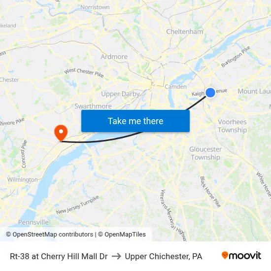 Rt-38 at Cherry Hill Mall Dr to Upper Chichester, PA map
