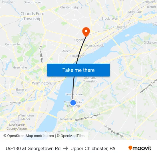 Us-130 at Georgetown Rd to Upper Chichester, PA map