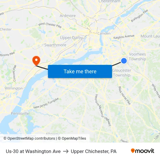 Us-30 at Washington Ave to Upper Chichester, PA map