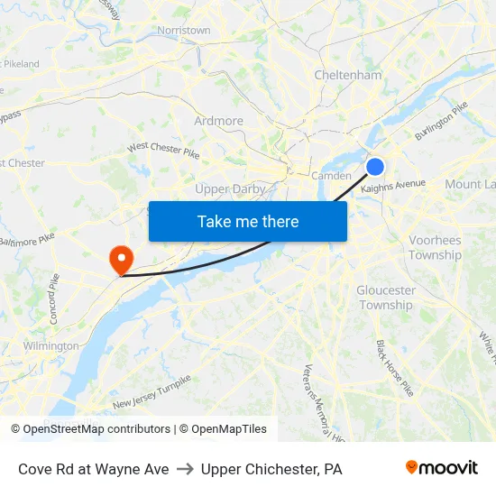 Cove Rd at Wayne Ave to Upper Chichester, PA map