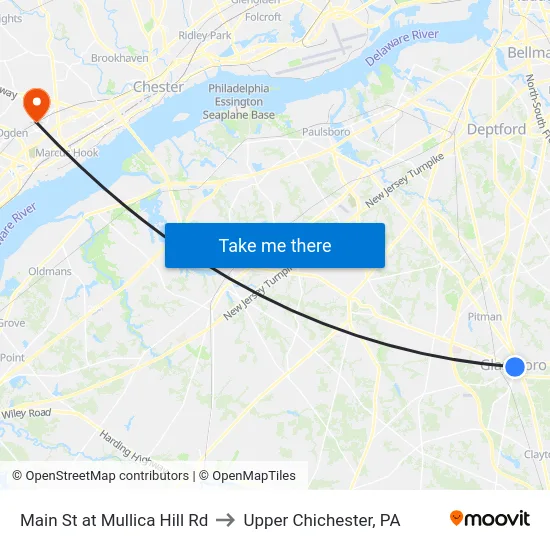 Main St at Mullica Hill Rd to Upper Chichester, PA map