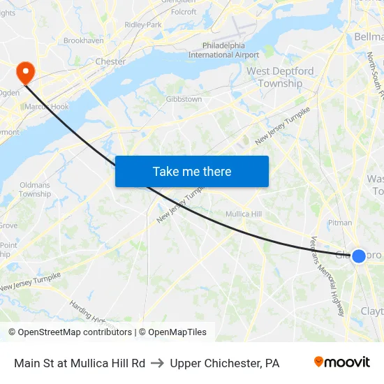 Main St at Mullica Hill Rd to Upper Chichester, PA map