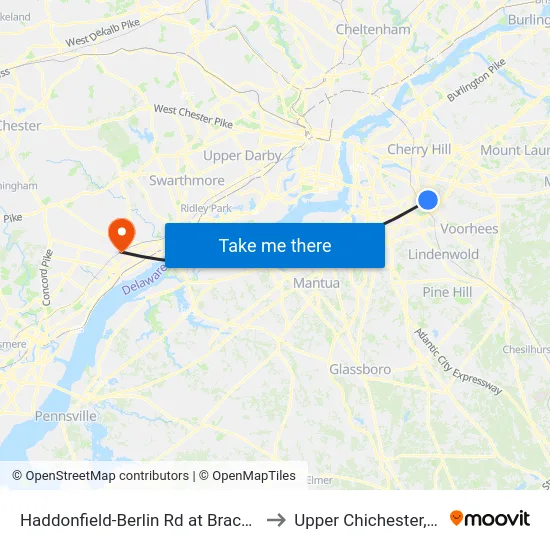 Haddonfield-Berlin Rd at Brace Rd to Upper Chichester, PA map