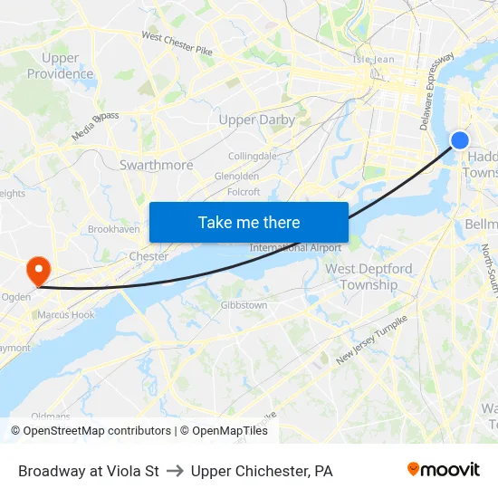Broadway at Viola St to Upper Chichester, PA map