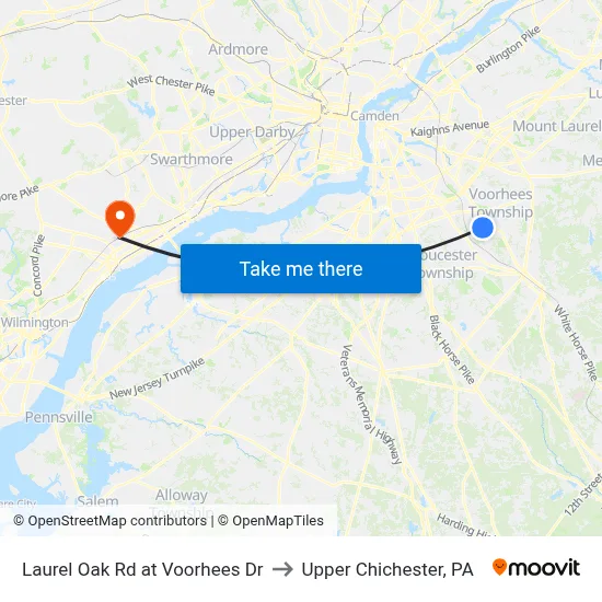 Laurel Oak Rd at Voorhees Dr to Upper Chichester, PA map