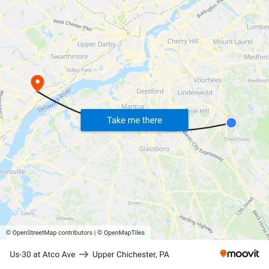 Us-30 at Atco Ave to Upper Chichester, PA map