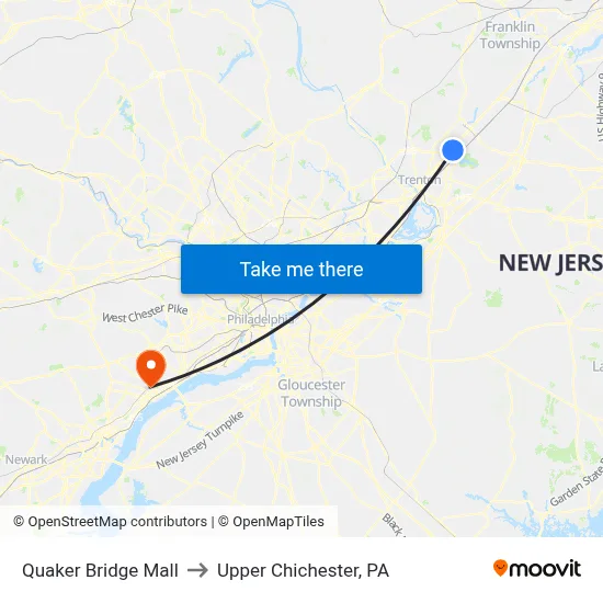 Quaker Bridge Mall to Upper Chichester, PA map
