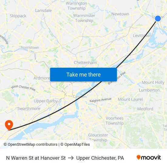 N Warren St at Hanover St to Upper Chichester, PA map