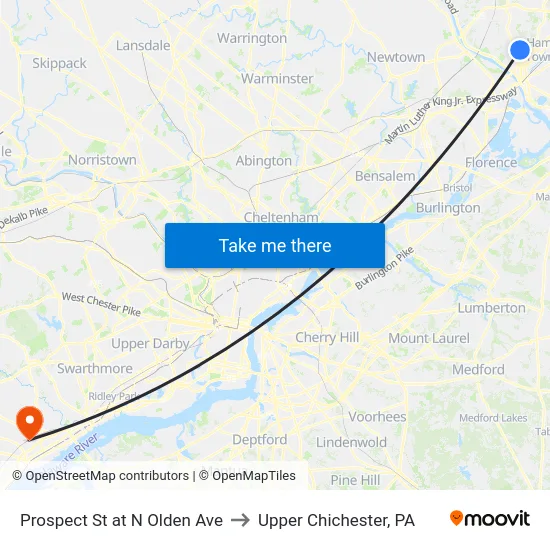 Prospect St at  N Olden Ave to Upper Chichester, PA map