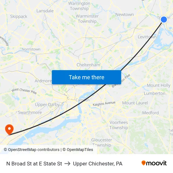 N Broad St at E State St to Upper Chichester, PA map