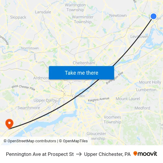 Pennington Ave at Prospect St to Upper Chichester, PA map