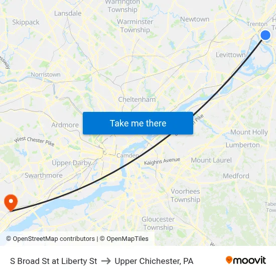 S Broad St at Liberty St to Upper Chichester, PA map