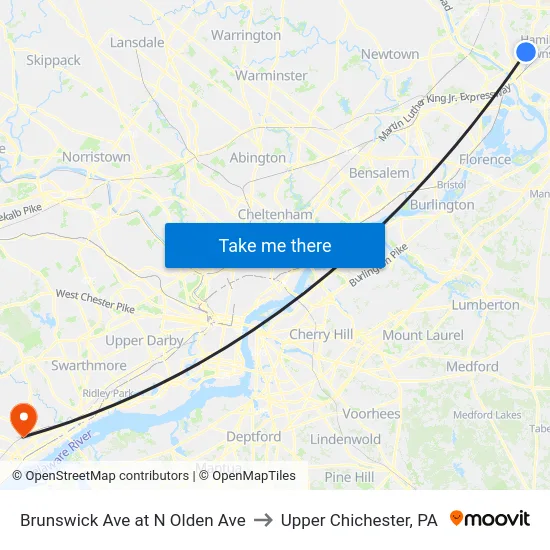 Brunswick Ave at N Olden Ave to Upper Chichester, PA map