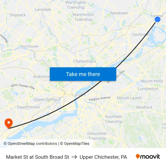 Market St at South Broad St to Upper Chichester, PA map