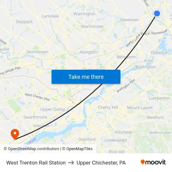West Trenton Rail Station to Upper Chichester, PA map