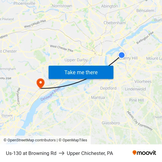 Us-130 at Browning Rd to Upper Chichester, PA map