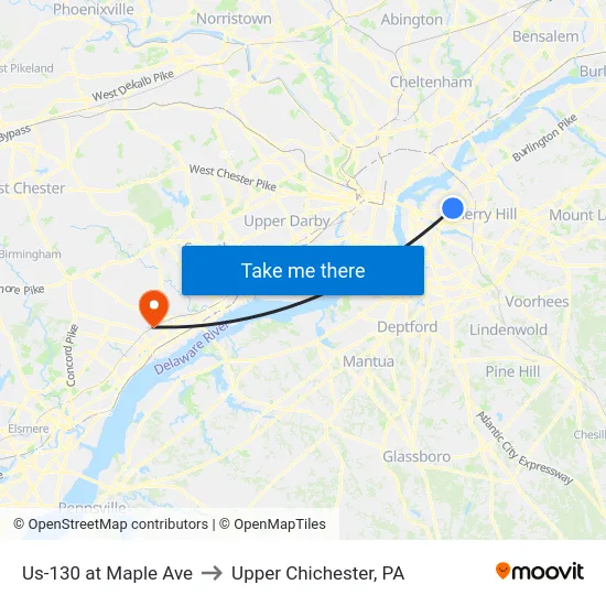 Us-130 at Maple Ave to Upper Chichester, PA map