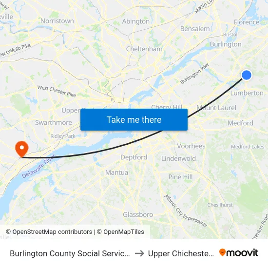 Burlington County Social Service Bldg to Upper Chichester, PA map