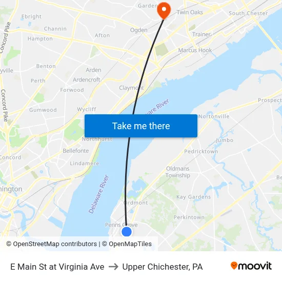 E Main St at Virginia Ave to Upper Chichester, PA map