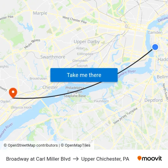 Broadway at Carl Miller Blvd to Upper Chichester, PA map