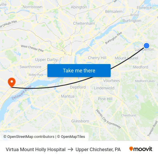 Virtua Mount Holly Hospital to Upper Chichester, PA map