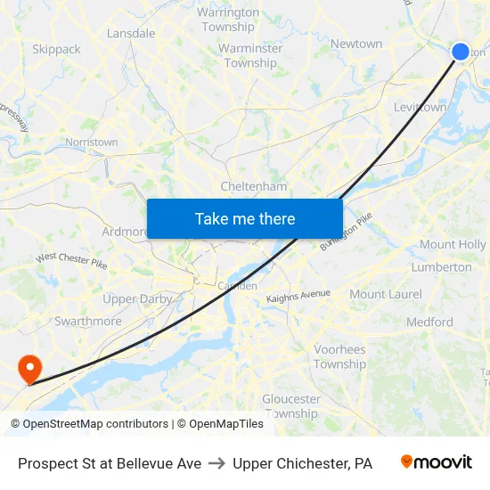 Prospect St at Bellevue Ave to Upper Chichester, PA map