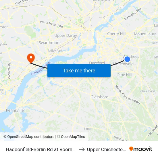 Haddonfield-Berlin Rd at Voorhees Dr to Upper Chichester, PA map