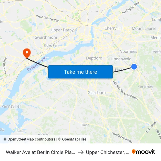 Walker Ave at Berlin Circle Plaza# to Upper Chichester, PA map