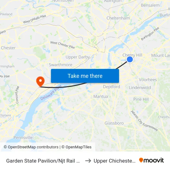 Garden State Pavilion/Njt Rail Station to Upper Chichester, PA map