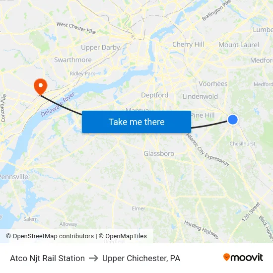 Atco Njt Rail Station to Upper Chichester, PA map