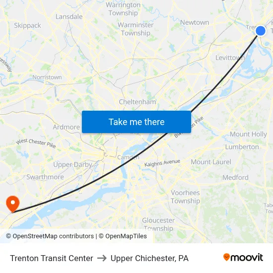 Trenton Transit Center to Upper Chichester, PA map