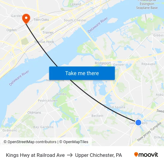 Kings Hwy at Railroad Ave to Upper Chichester, PA map