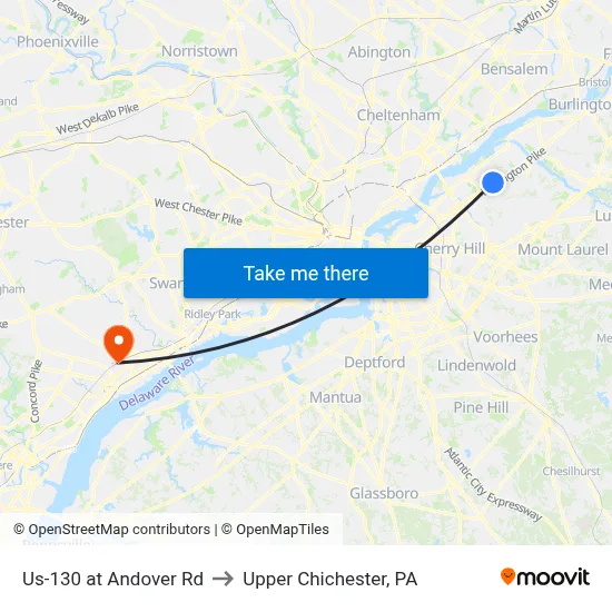 Us-130 at Andover Rd to Upper Chichester, PA map