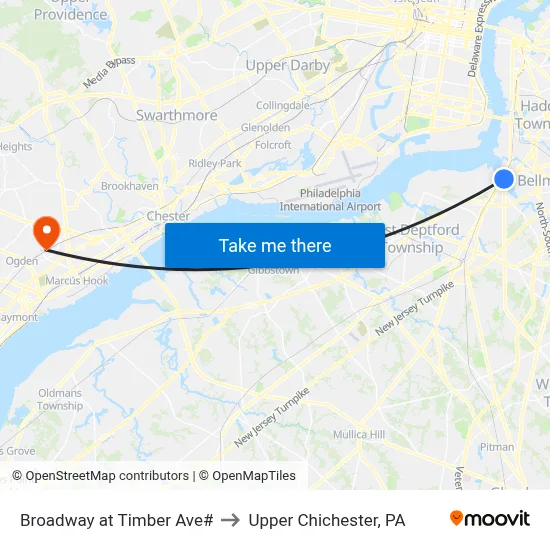 Broadway at Timber Ave# to Upper Chichester, PA map