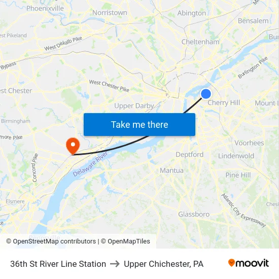 36th St River Line Station to Upper Chichester, PA map