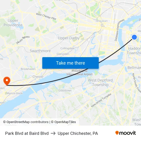 Park Blvd at Baird Blvd to Upper Chichester, PA map