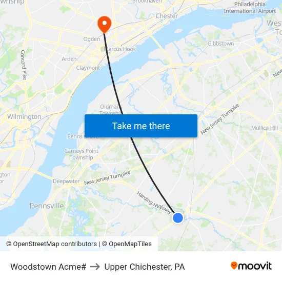 Woodstown Acme# to Upper Chichester, PA map