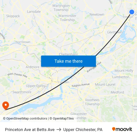 Princeton Ave at Betts Ave to Upper Chichester, PA map